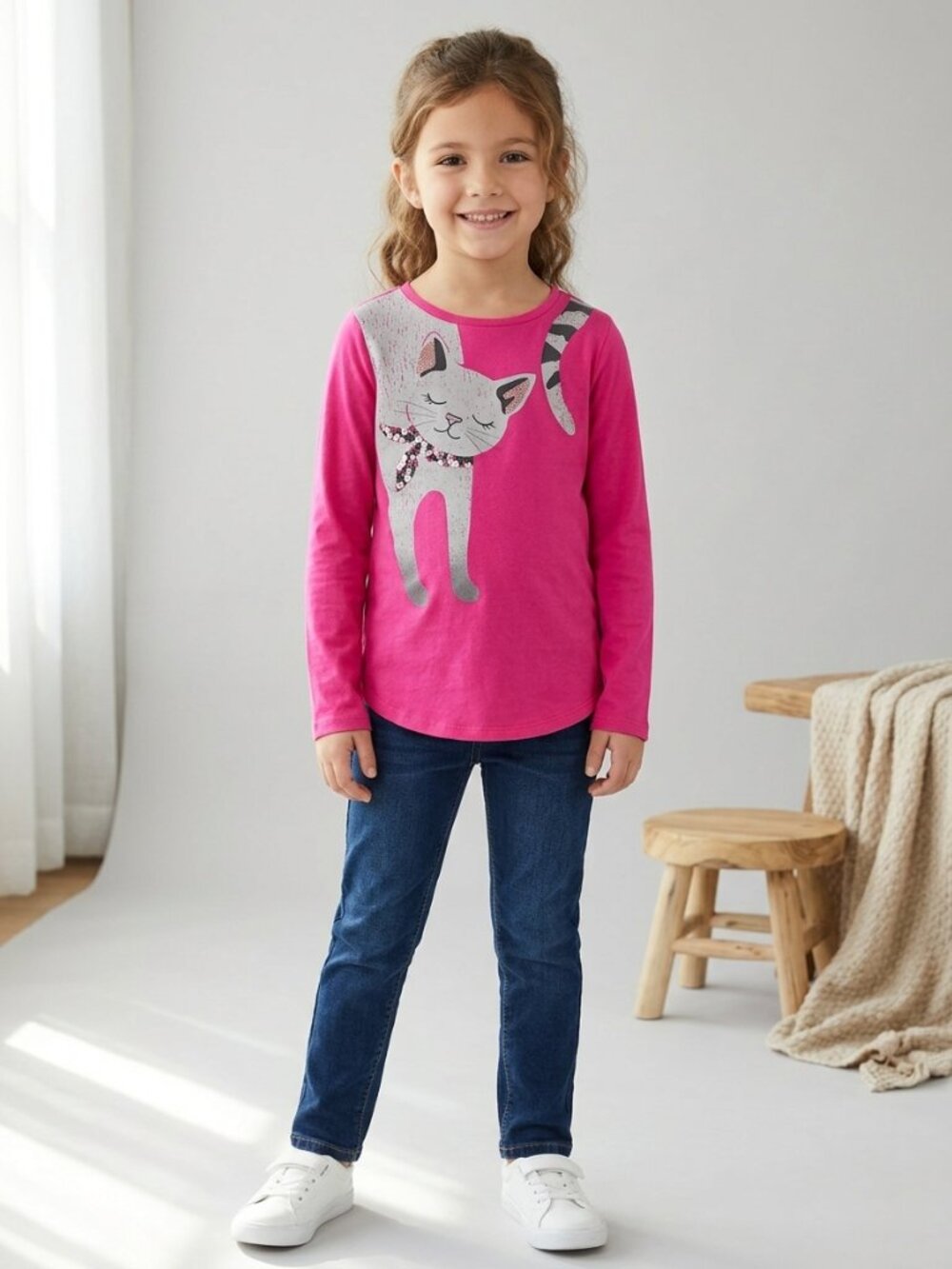 Wonder nation size L (10/12) Girls' Hot Pink Long Sleeve Tee with Cat Graphic